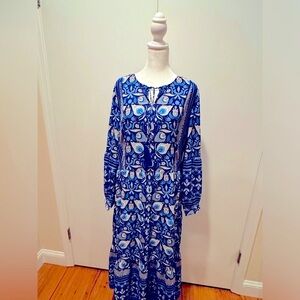 J.McLaughlin Dress Size Large Blue Patterned  Long Sleeve Midi